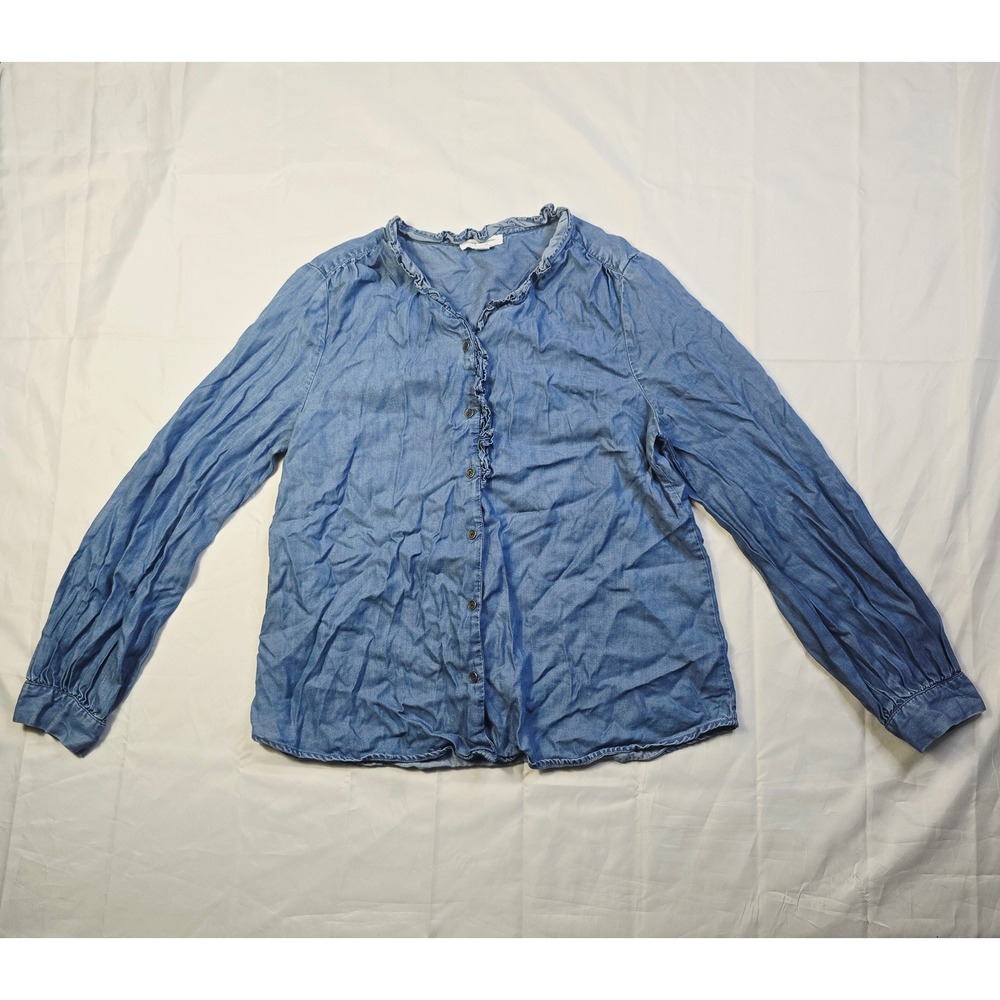 Beach Lunch Lounge Womens Medium Chambray Button Down Shirt Blue Ruffle Trim G72